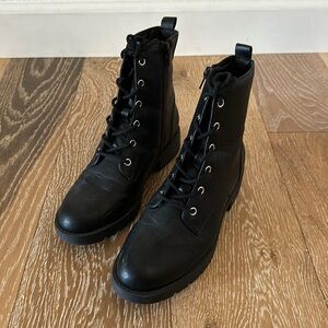 SUN + STONE “Frankie” black lace/zip up combat boots. Size 6.
